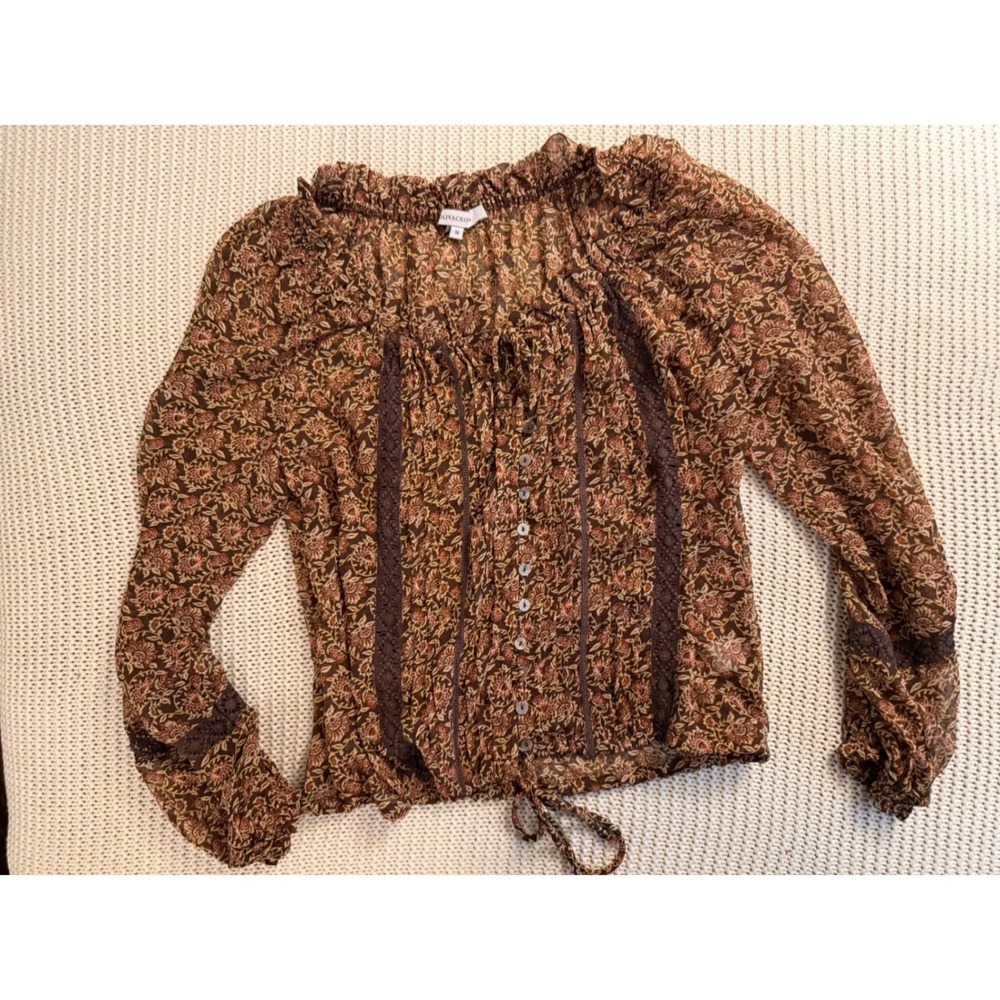 Olivaceous Brown Floral Lace Trim Sheer Boho Blouse Medium